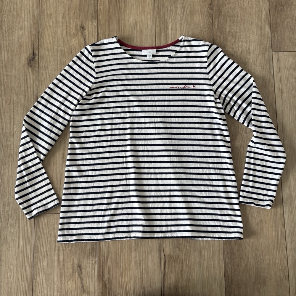 J Jill Womens Black White Shirt Small S Striped More Love Embroidery Round Neck